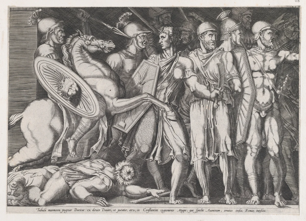 Trajan Fighting the Dacians, from "Speculum Romanae Magnificentiae" by Marco Dente, print, 1515-1527
