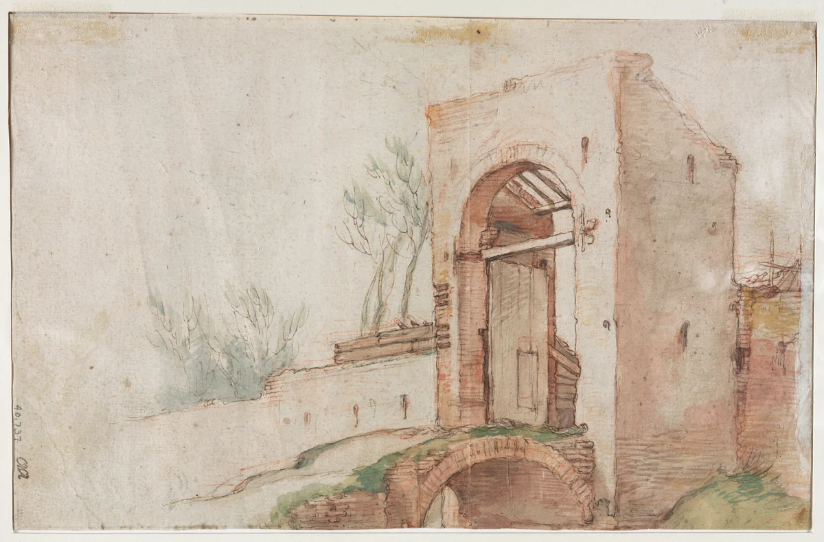 Bridge and Gate (verso) by Abraham Bloemaert, drawing, 1605-1615
