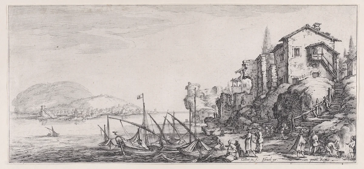 Le Petit Port pièce appelée aussi Le Port de Mer (The Small Port also called the Seaport), from "Paysages Gravés pour Jean de Médicis appelées aussi Paysages Dessinés a Florence, Vues de Florence, Paysages d'Italie, et Paysages Définitifs" (Landscapes Engraved for Giovanni de'Medici, Landscapes Designed in Florence, Views of Florence, Landscapes of Italy, and Definitive Landscapes) by Jacques Callot, print, 1613-1623