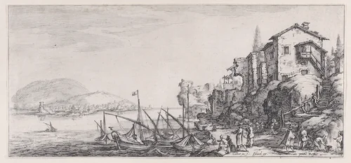 Le Petit Port pièce appelée aussi Le Port de Mer (The Small Port also called the Seaport), from "Paysages Gravés pour Jean de Médicis appelées aussi Paysages Dessinés a Florence, Vues de Florence, Paysages d'Italie, et Paysages Définitifs" (Landscapes Engraved for Giovanni de'Medici, Landscapes Designed in Florence, Views of Florence, Landscapes of Italy, and Definitive Landscapes) by Jacques Callot, print, 1613-1623