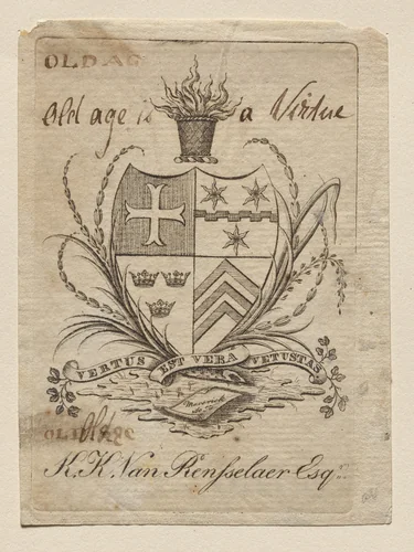 Bookplate: Coat of Arms with K. K. Van Rensselaer, Esq. inscribed below by Peter Rushton Maverick, print