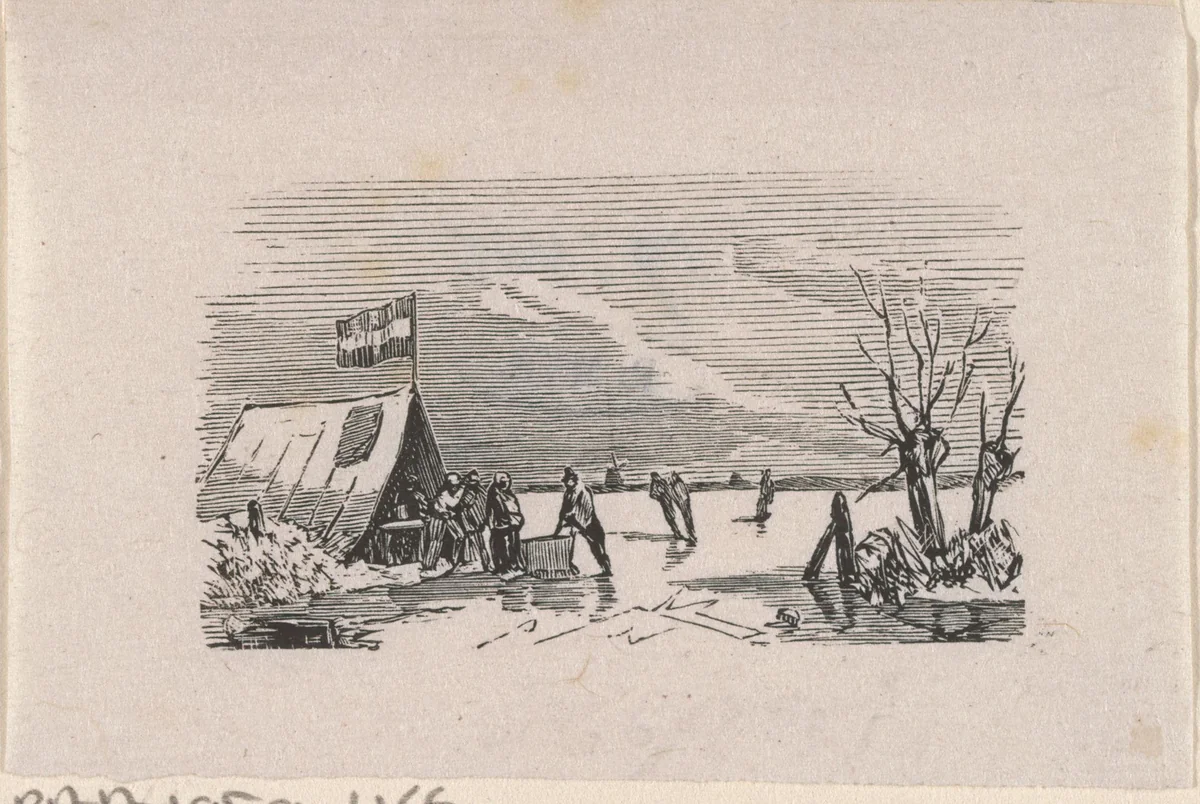 Schaatsers rustend bij een tent op het ijs by Isaac Weissenbruch, print, 1836-1912