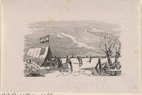 Schaatsers rustend bij een tent op het ijs by Isaac Weissenbruch, print, 1836-1912