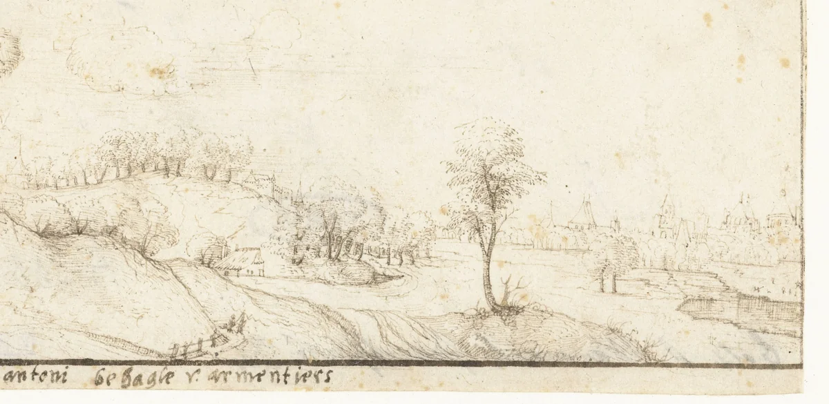 Heuvelachtig landschap met kerk aan rivier by Antoni Behagle, drawing, 1550-1570