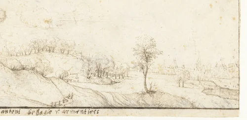 Heuvelachtig landschap met kerk aan rivier by Antoni Behagle, drawing, 1550-1570