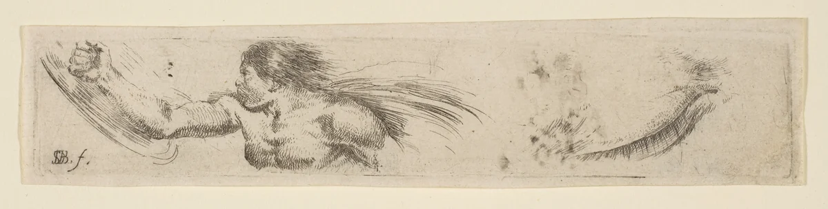Torso of a Man with a Shield and Eye Study, plate 19 from "Collection of various doodles and etching proofs" (Recueil de divers griffonnements et preuves d'eauforte) by Stefano della Bella, print, 1641-1651