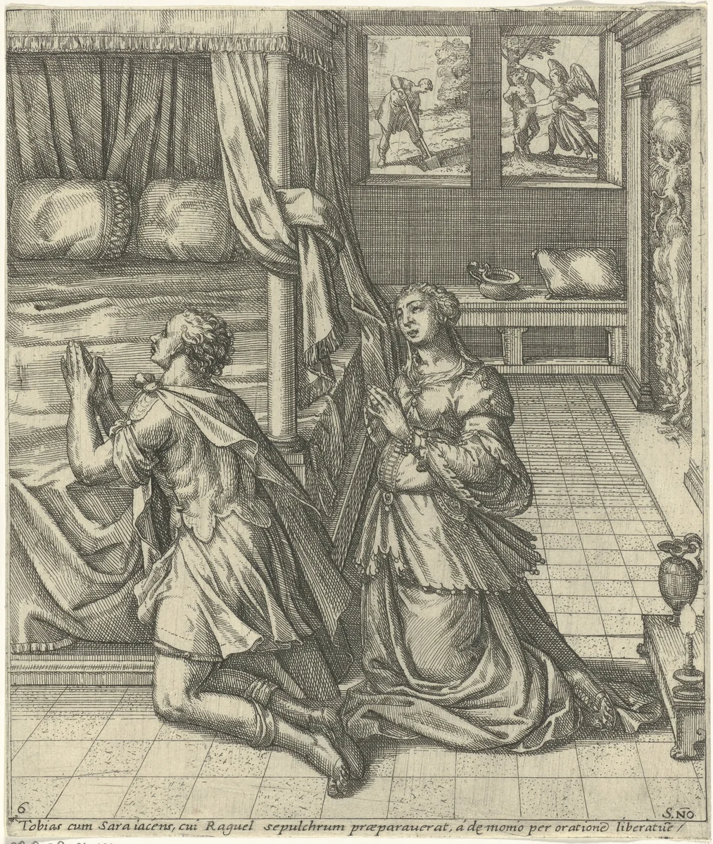 Huwelijksnacht van Tobias en Sara by Unknown, print, 1560-1590