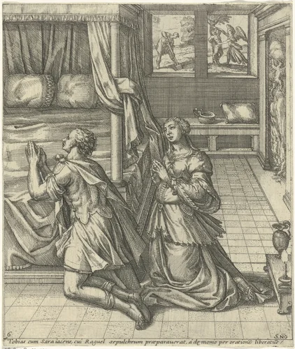 Huwelijksnacht van Tobias en Sara by Unknown, print, 1560-1590