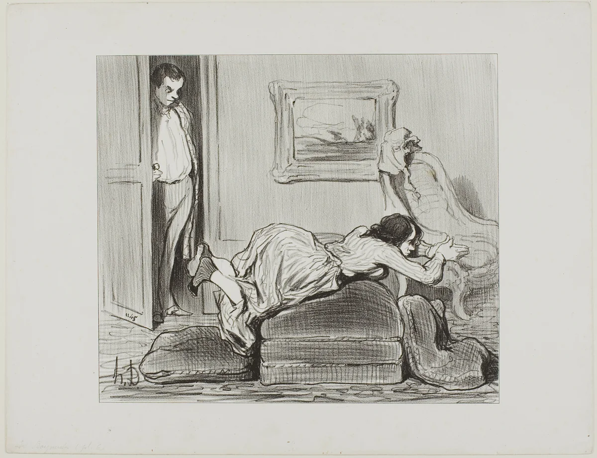 A zealous student practicing at home, plate 6 from Les Baigneuses by Honoré-Victorin Daumier, print, 1847