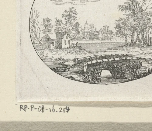 Landschap met een stenen brug by Chaerles de Hooch, print, 1613-1638