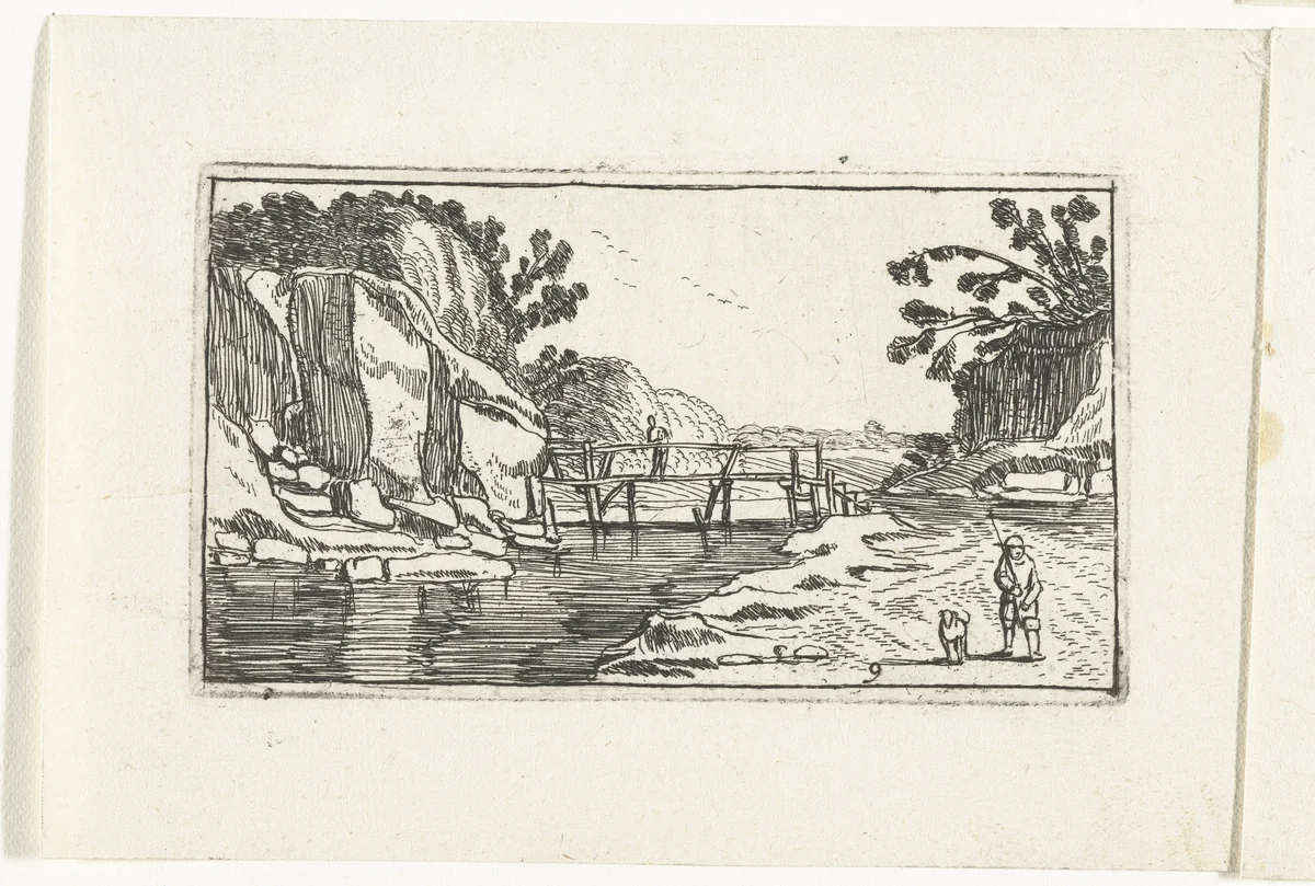 Rotslandschap met weg langs rivier by anonymous, print, 1610-1617