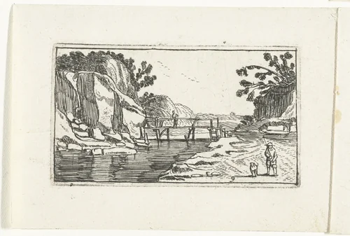 Rotslandschap met weg langs rivier by anonymous, print, 1610-1617