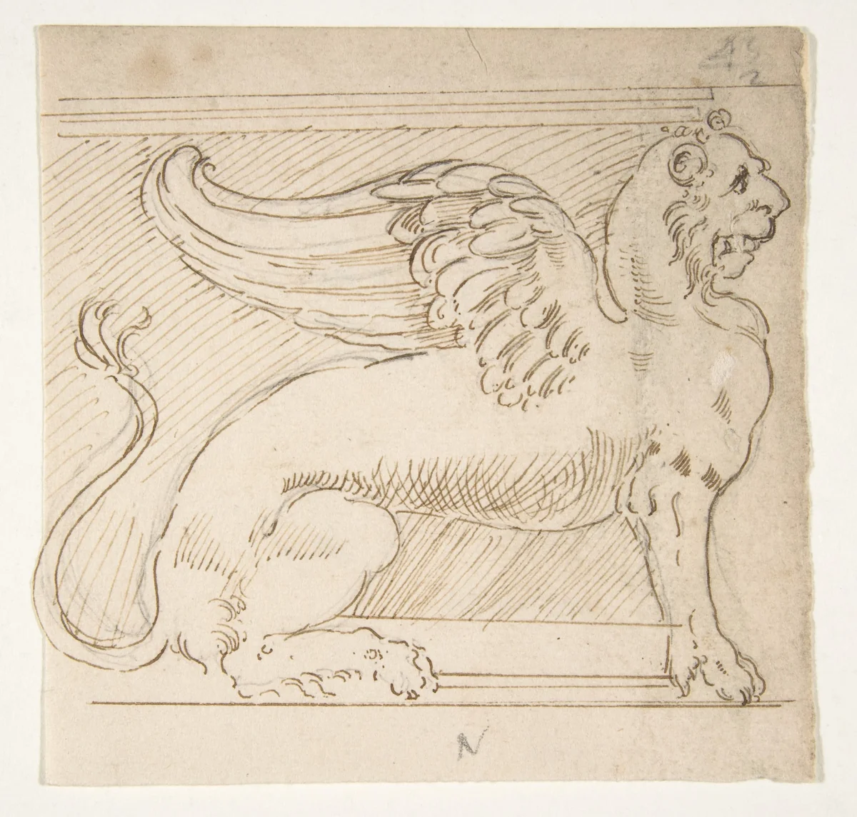 Unidentified, furniture support with winged lion motif, elevation by anonymous, drawing, 1500-1560