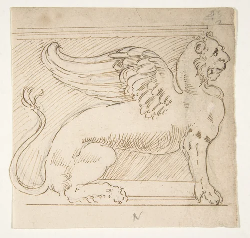 Unidentified, furniture support with winged lion motif, elevation by anonymous, drawing, 1500-1560