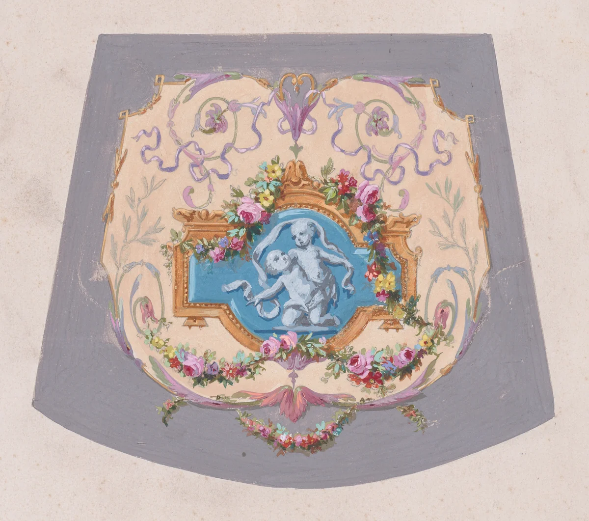 Design for a Chair Seat Cover with an Ornamental Frame with Two Restling Putti with Hanging Garlands of Leaves and Flowers Inside a Larger Ornamental Frame Featuring a Heart-Shape Motif by anonymous, drawing, 1870-1900