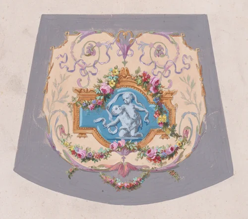Design for a Chair Seat Cover with an Ornamental Frame with Two Restling Putti with Hanging Garlands of Leaves and Flowers Inside a Larger Ornamental Frame Featuring a Heart-Shape Motif by anonymous, drawing, 1870-1900