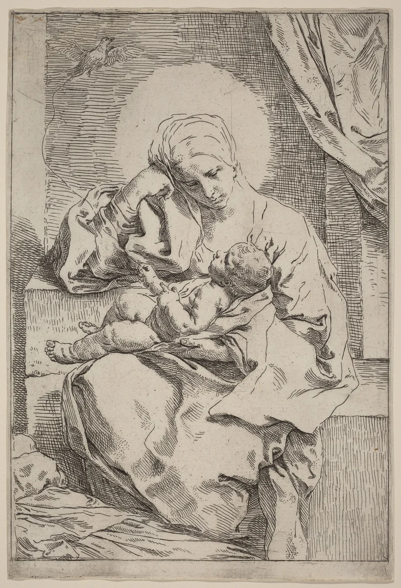 The Virgin and Child with a Bird by Simone Cantarini, print, 1630-1648