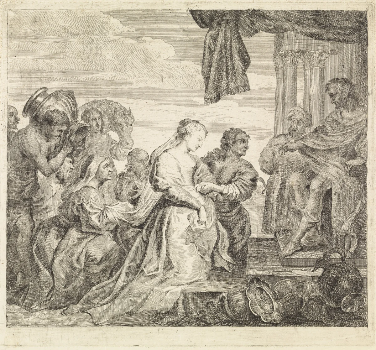 Bezoek van de koningin van Seba by Philippe Spruyt, print, 1747-1801