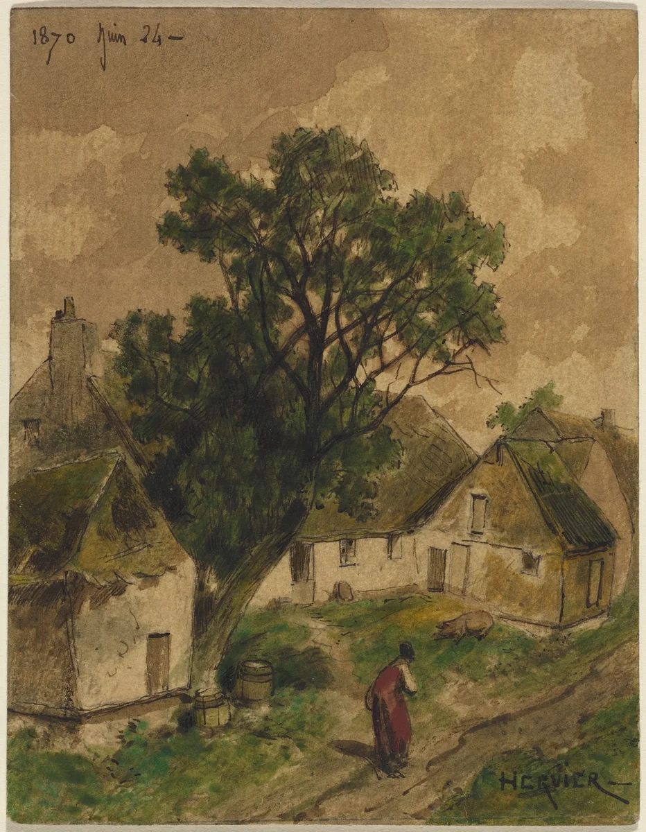 Farmyard by Adolphe Hervier, drawing, 1870