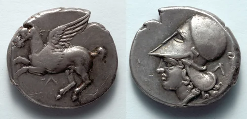 Stater: Pegasos (obverse); Head of Athena (reverse) by Unknown, metalwork, -385--375