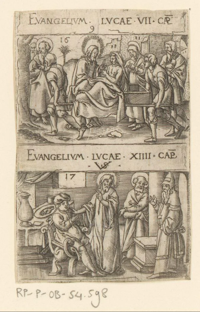 Opwekking van de zoon van de weduwe te Nain en de genezing van een waterzuchtige man by Unknown, print, 1524-1562