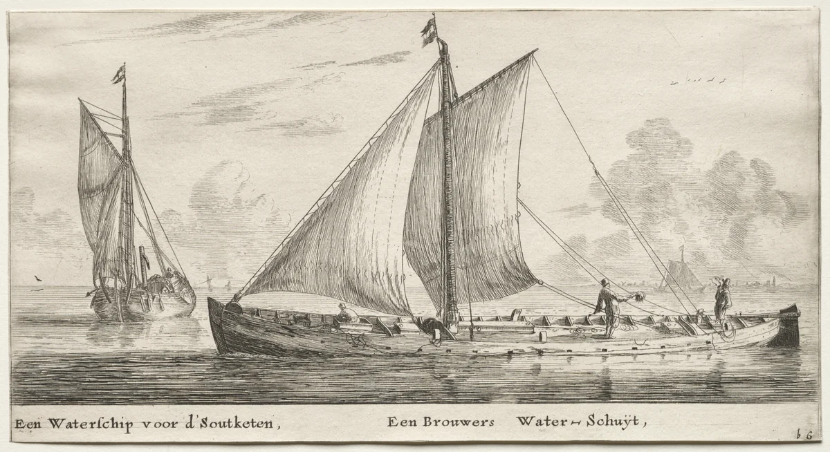 Various Ships and Views of Amsterdam (Verscheÿde Schepen en Gesichten van Amstelredam), Part II: A Water-ship bound for the Soutketen. A Brewer's Water-ship by Clement de Jonghe, print, 1652-1654