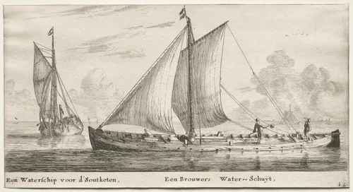 Various Ships and Views of Amsterdam (Verscheÿde Schepen en Gesichten van Amstelredam), Part II: A Water-ship bound for the Soutketen. A Brewer's Water-ship by Clement de Jonghe, print, 1652-1654