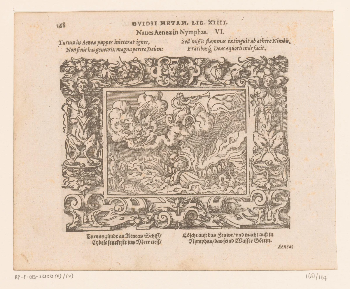 Trojaanse schepen in nimfen veranderd by Virgilius Solis, print, 1569