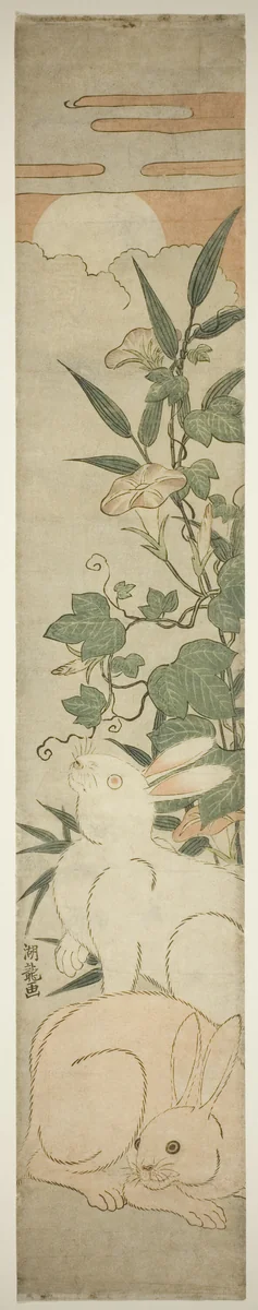 Morning-Glories, Rabbits, and Moon by Isoda Koryusai, print, 1775-1785