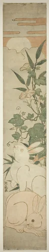 Morning-Glories, Rabbits, and Moon by Isoda Koryusai, print, 1775-1785