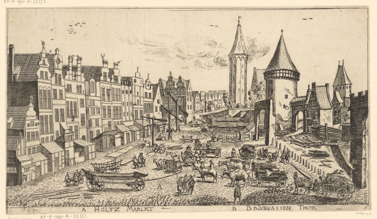 Gezicht op de houtmarkt in Danzig by Aegidius Dickmann, print, 1625