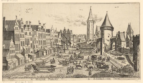 Gezicht op de houtmarkt in Danzig by Aegidius Dickmann, print, 1625