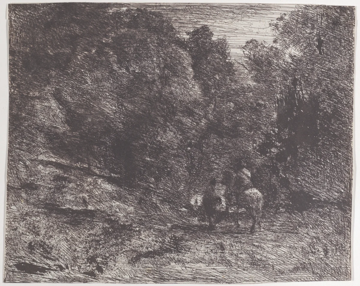 Two Travelers in a Forest (Le Cavalier en forêt et le piéton) by Camille Corot, print, 1854