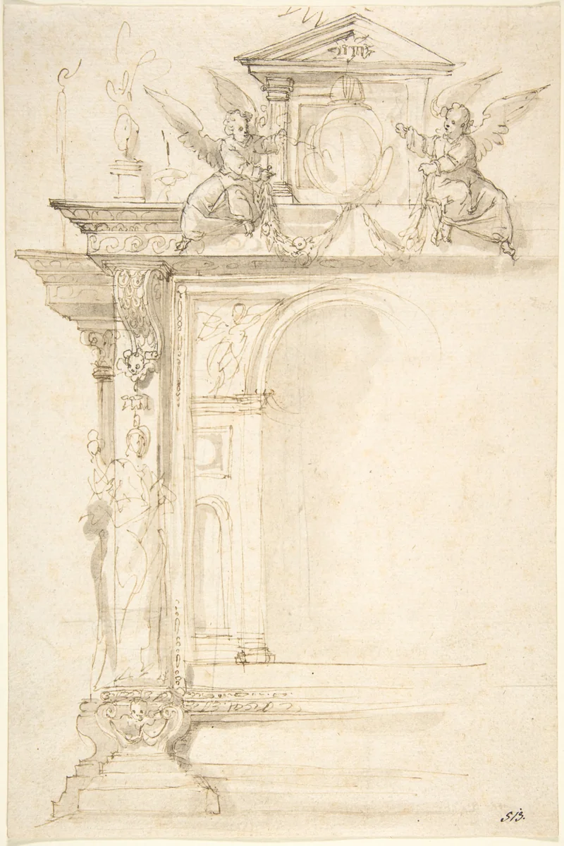 Design for an Altar or Monument with Angels and Other Figures by Peter Candid, drawing, 1550-1600
