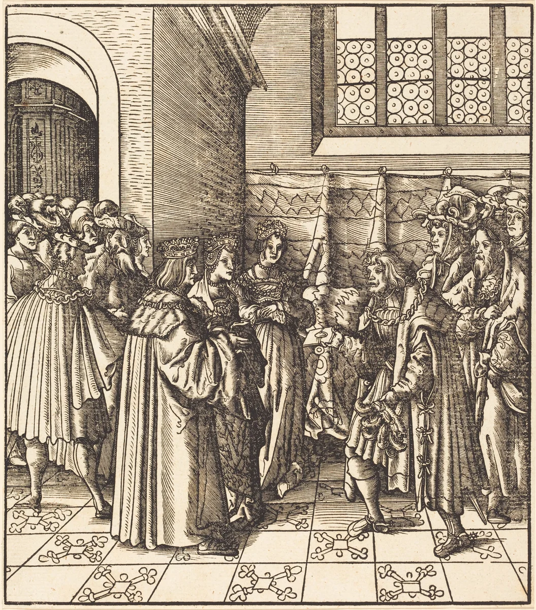 A Legation before a King, near Him Two Women Standing by Leonhard Beck, print, 1514-1516