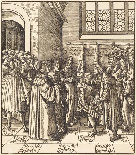 A Legation before a King, near Him Two Women Standing by Leonhard Beck, print, 1514-1516