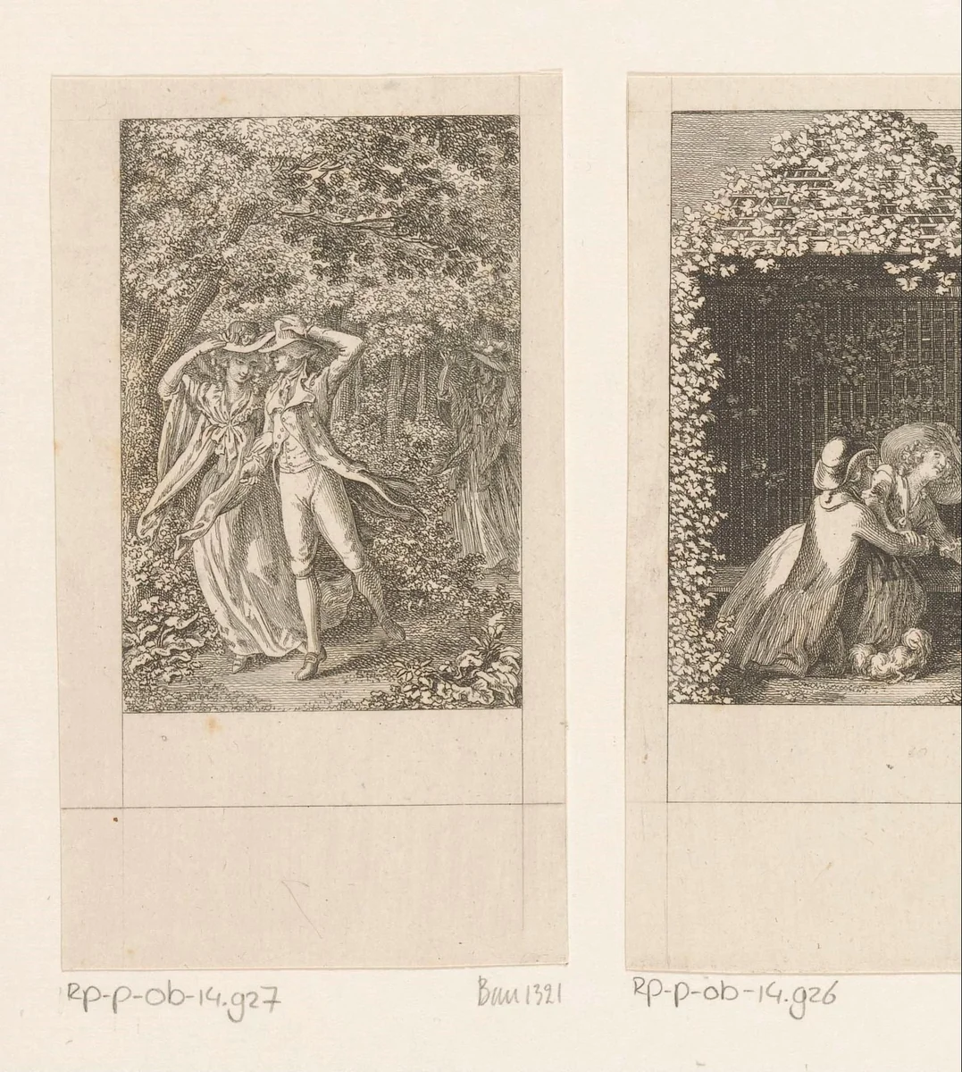 Cecilia en Mortimer lopen gearmd door de regen by Daniel Nikolaus Chodowiecki, print, 1787