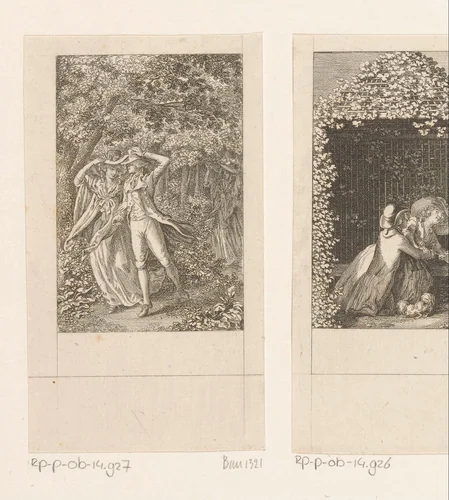 Cecilia en Mortimer lopen gearmd door de regen by Daniel Nikolaus Chodowiecki, print, 1787