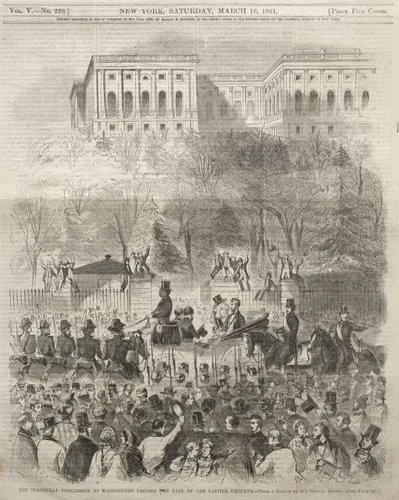 The Inaugural Procession at Washington Passing the Gate of the Capital Grounds by Winslow Homer, print, 1861