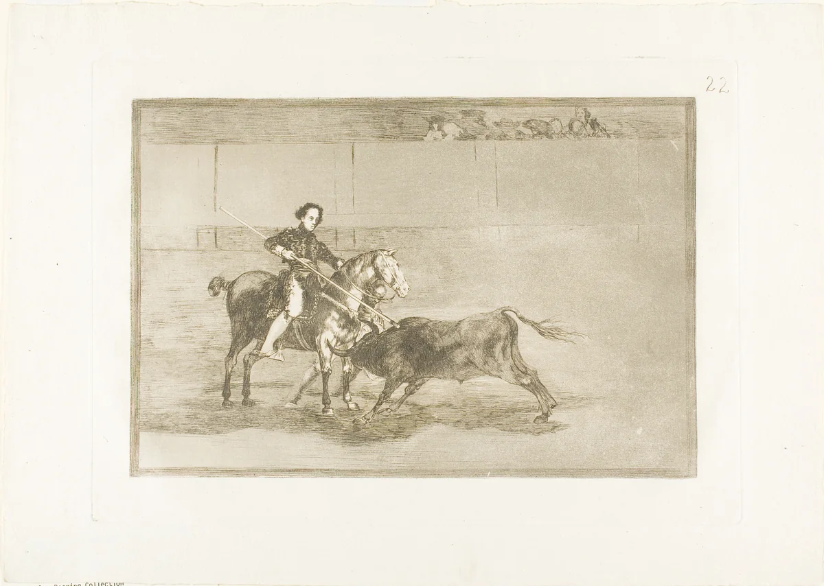 Manly courage of the celebrated Pajuelera in the ring at Saragossa, plate 22 from The Art of Bullfighting by Francisco José de Goya, print, 1814-1816
