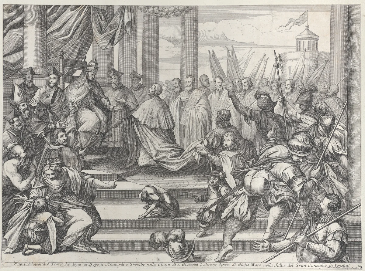 Pope Alexander III presents Doge Ziani with standards and bugles after his defeat of Holy Roman Emperor Frederick I Barbarossa, from "Il gran Teatro di Venezia" (The great theater of Venice) by anonymous, print, 1715-1725