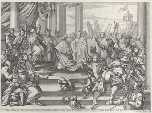 Pope Alexander III presents Doge Ziani with standards and bugles after his defeat of Holy Roman Emperor Frederick I Barbarossa, from "Il gran Teatro di Venezia" (The great theater of Venice) by anonymous, print, 1715-1725