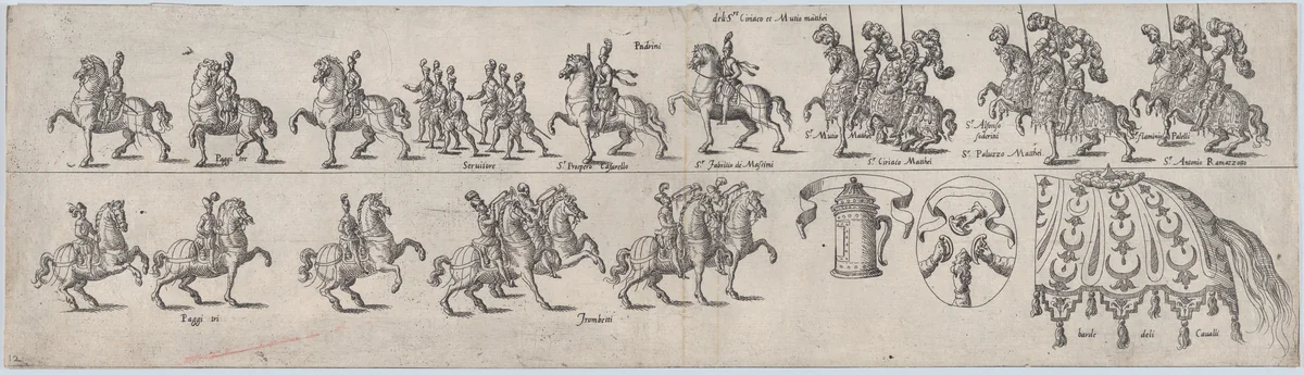 Plate for Sr. Ciriaco Matthei and Sr. Mutio Matthei, from a series of twelve showing knights and their attendants dressed for a tournament (plate 12) by anonymous, print, 1565