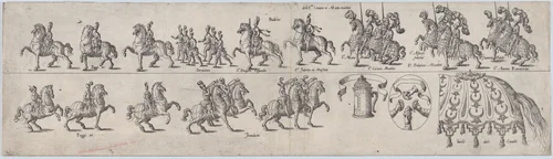 Plate for Sr. Ciriaco Matthei and Sr. Mutio Matthei, from a series of twelve showing knights and their attendants dressed for a tournament (plate 12) by anonymous, print, 1565