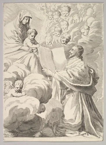 Cardinal Richelieu, Kneeling, Presents His Book to the Virgin and Child by Claude Mellan, print, 1641-1651