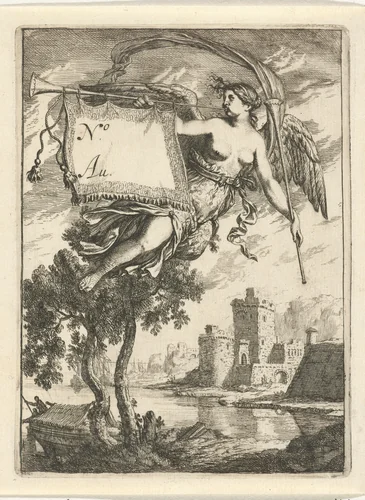 Faam blaast de bazuin by Gerard de Lairesse, print, 1670