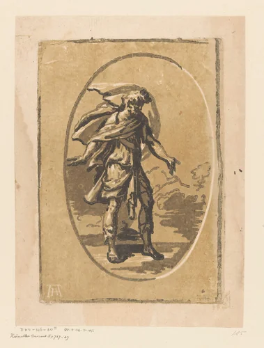 Man met gespreide armen in een landschap by Unknown, print, 1502-1532