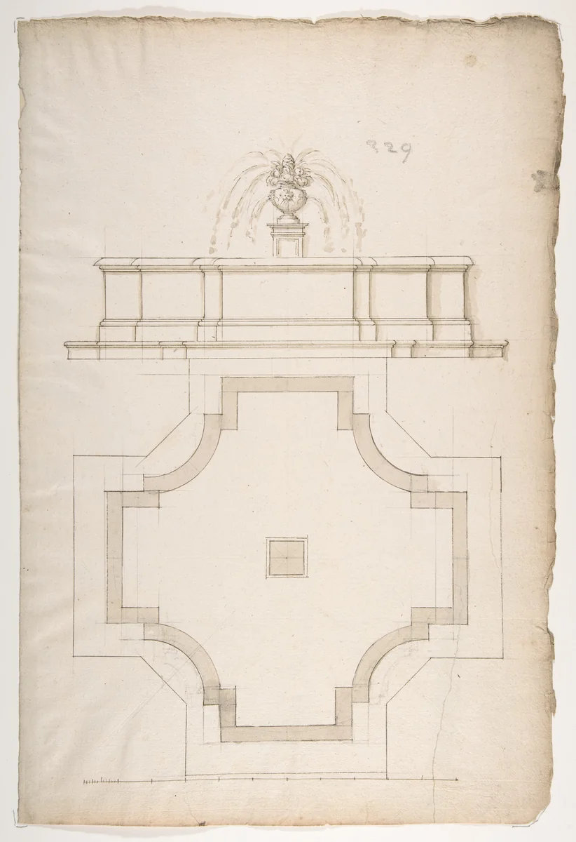 Plan and Elevation for a Fountain by anonymous, drawing, 1500-1599