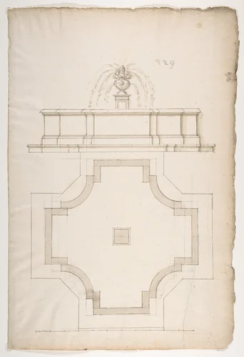 Plan and Elevation for a Fountain by anonymous, drawing, 1500-1599