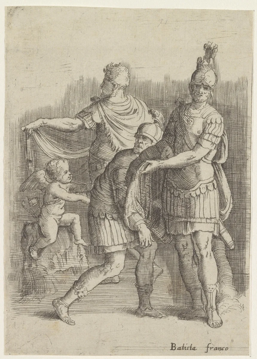 Drie soldaten en een putto by Unknown, print, 1520-1561